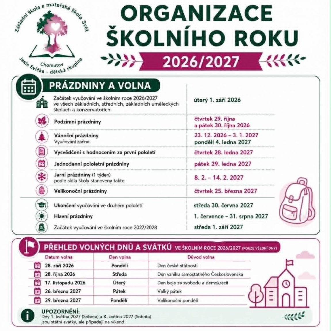 Organizace školního roku 2026/2027
