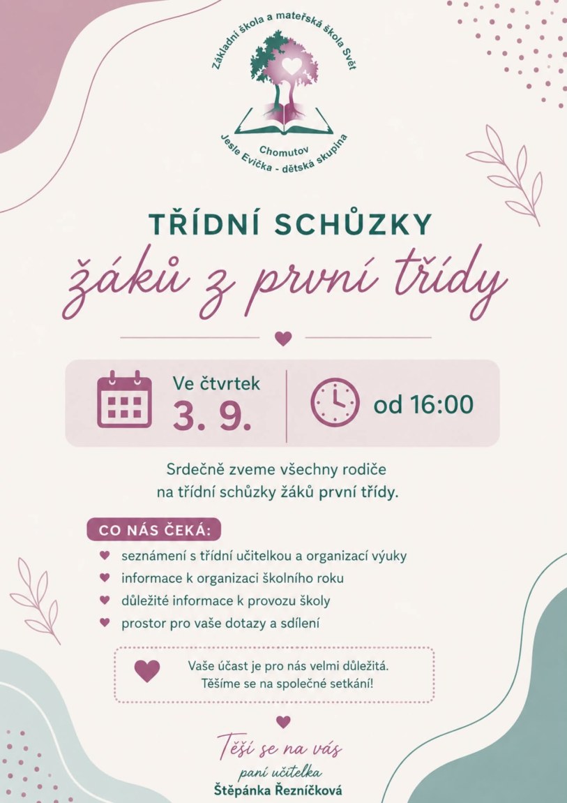 Pozvánka na úvodní třídní schůzky 2026/2027