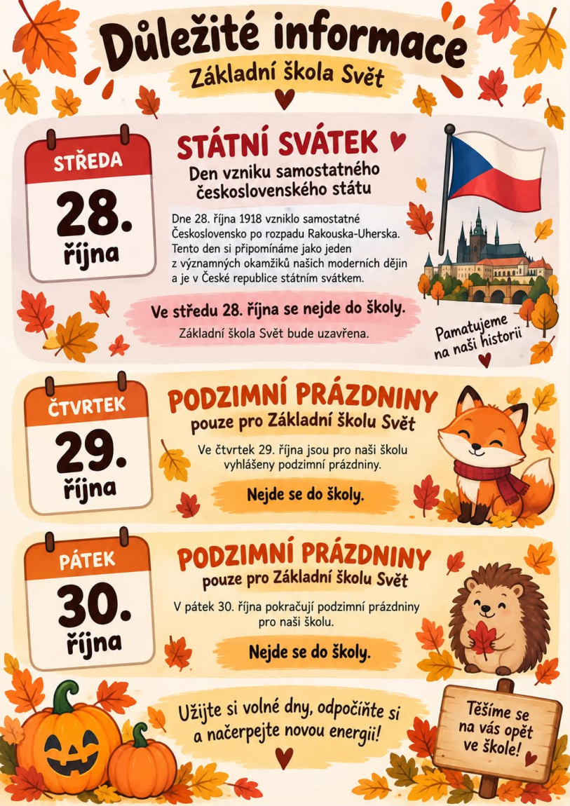 Státní svátek a Podzimní prázdniny