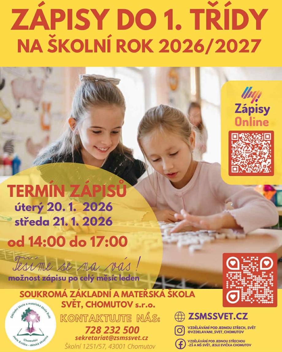 Zápisy do 1. třídy ZŠ Svět pro školní rok 2026/2027