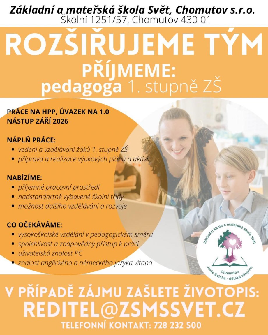 Naídka práce: Hledáme nového pedagoga pro&nbsp;1. stupeň